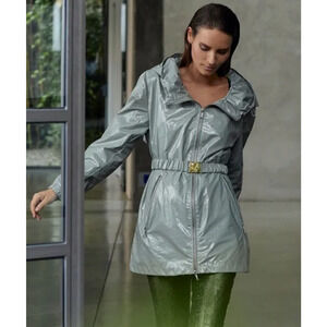NWT JANE POST SAGE BELTED RAIN SLICKER ANORAK COAT JACKET SZ L